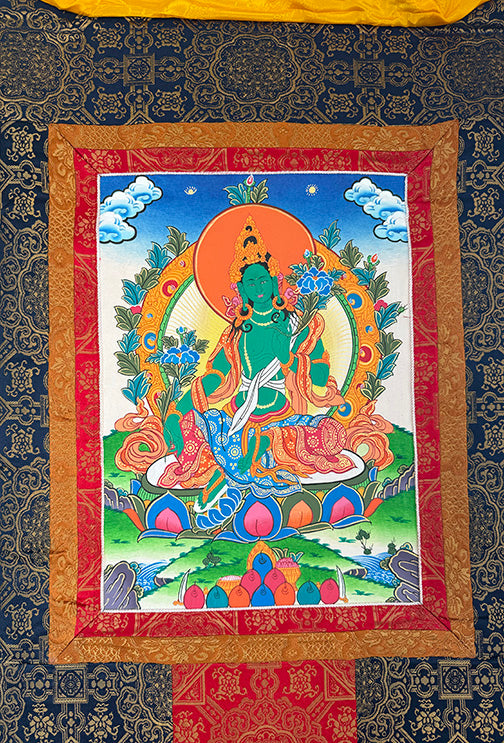 Thangka Painting of Green Tara with Brocade