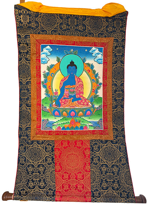 Thangka Painting of Medicine Buddha with Brocade